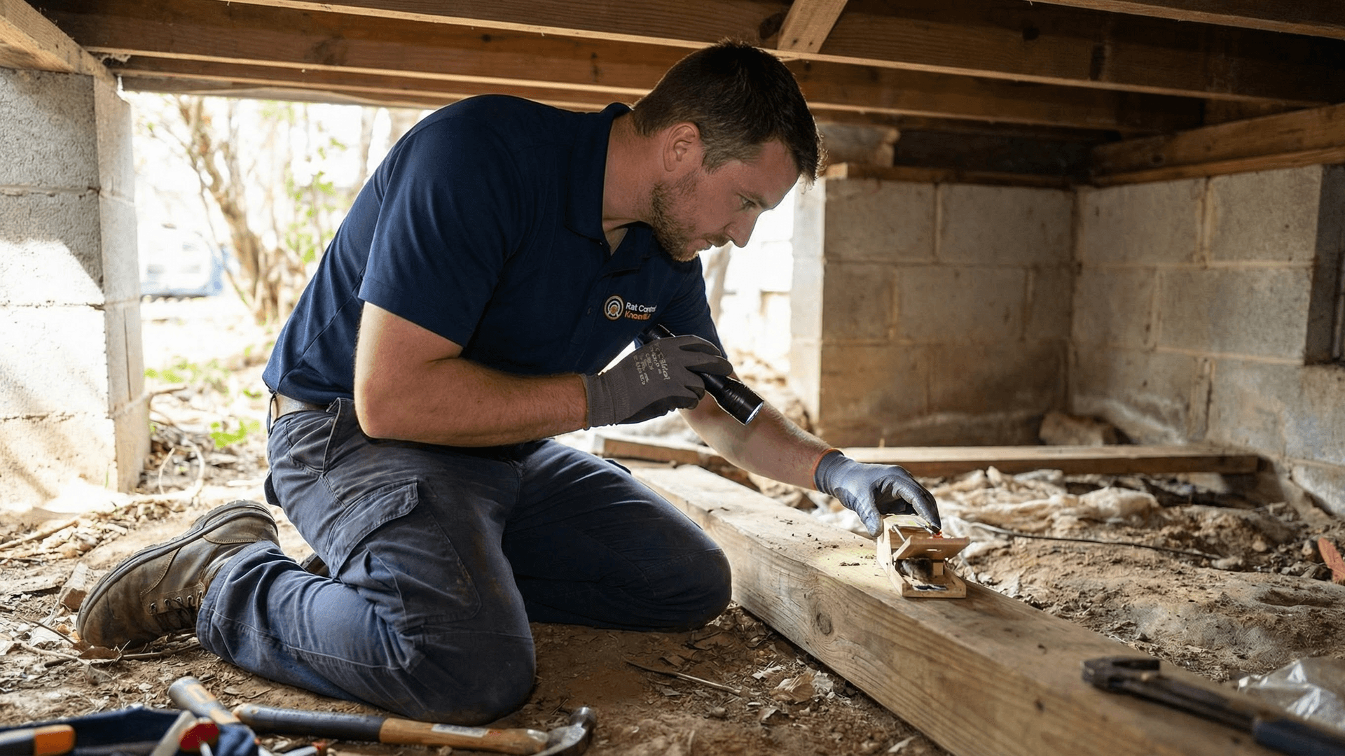 Rat Control Knoxville technician in branded gear inspects a residential crawl space for rodent activity and entry points.