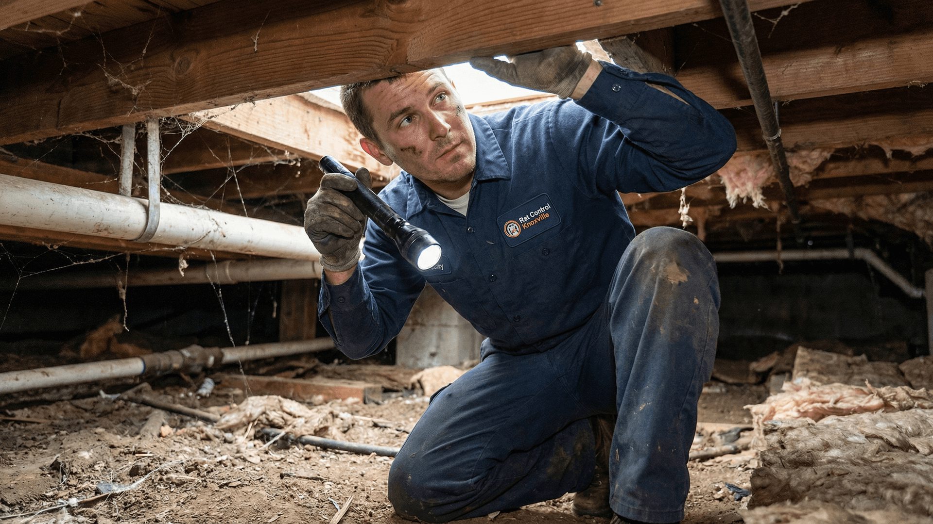 Rat Control Knoxville technician in uniform seals exterior gaps on a brick home to prevent rodent entry during exclusion.