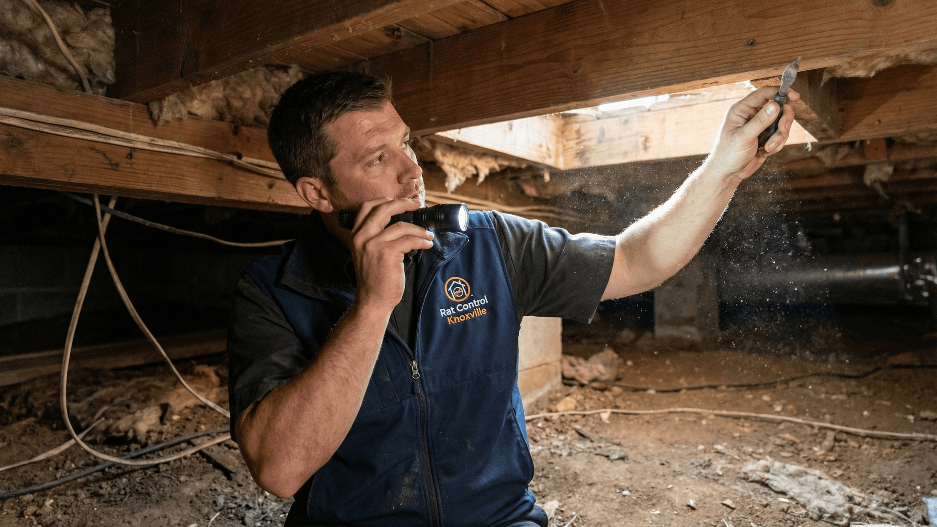 Rat Control Knoxville technician in uniform installs bait stations at a Lenoir City home to eliminate rodent activity.